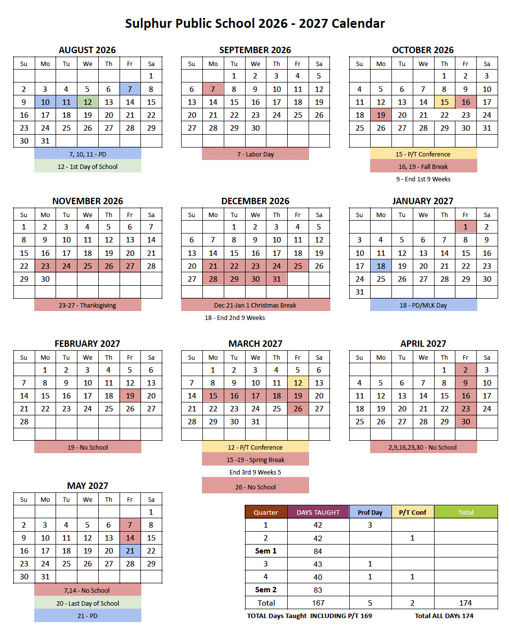 2026 - 27 Sulphur Public Schools Calendar